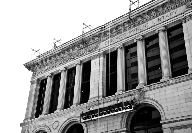 Scaffolding on a historic building facade